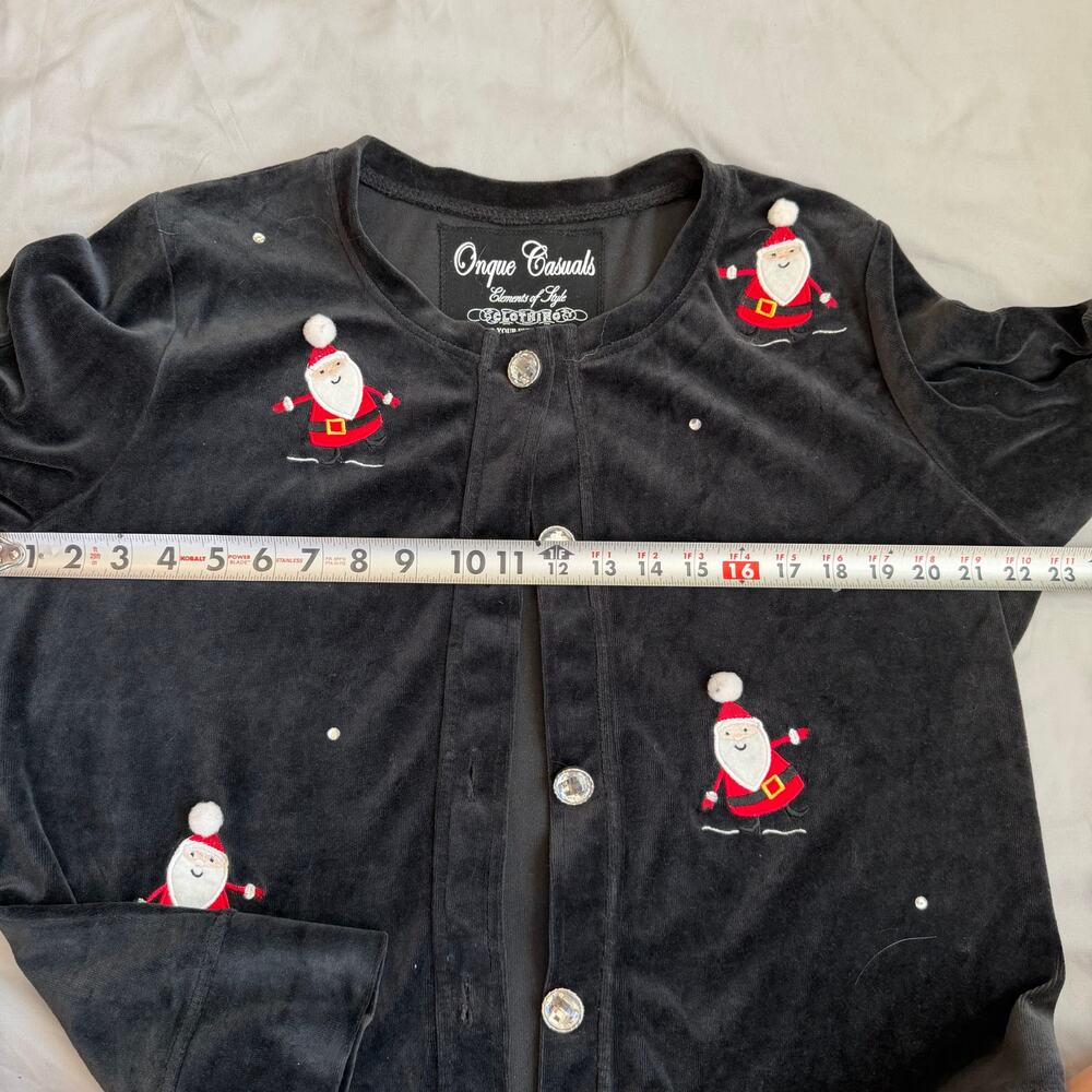 Onque Casuals Black, Christmas, embroidered Santas, Velour Cardigan- L - Picture 6 of 8